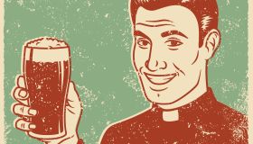 Retro Screen Print Priest with Beer