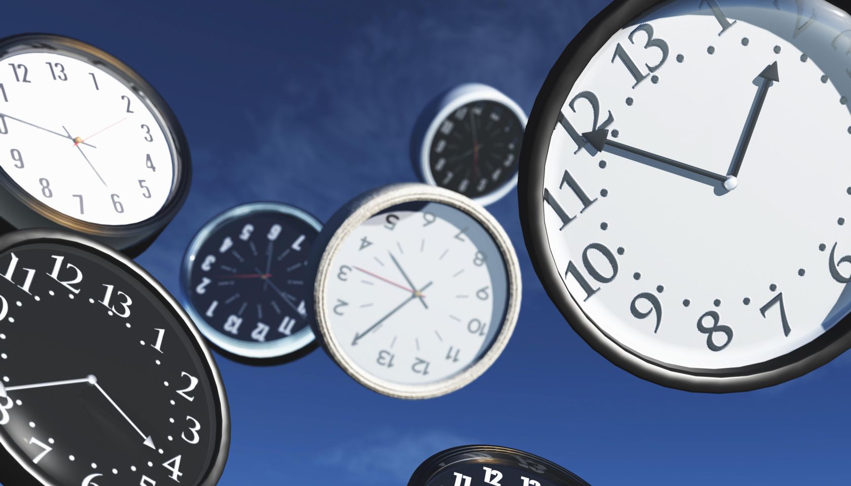 Variety of flying clocks with different time