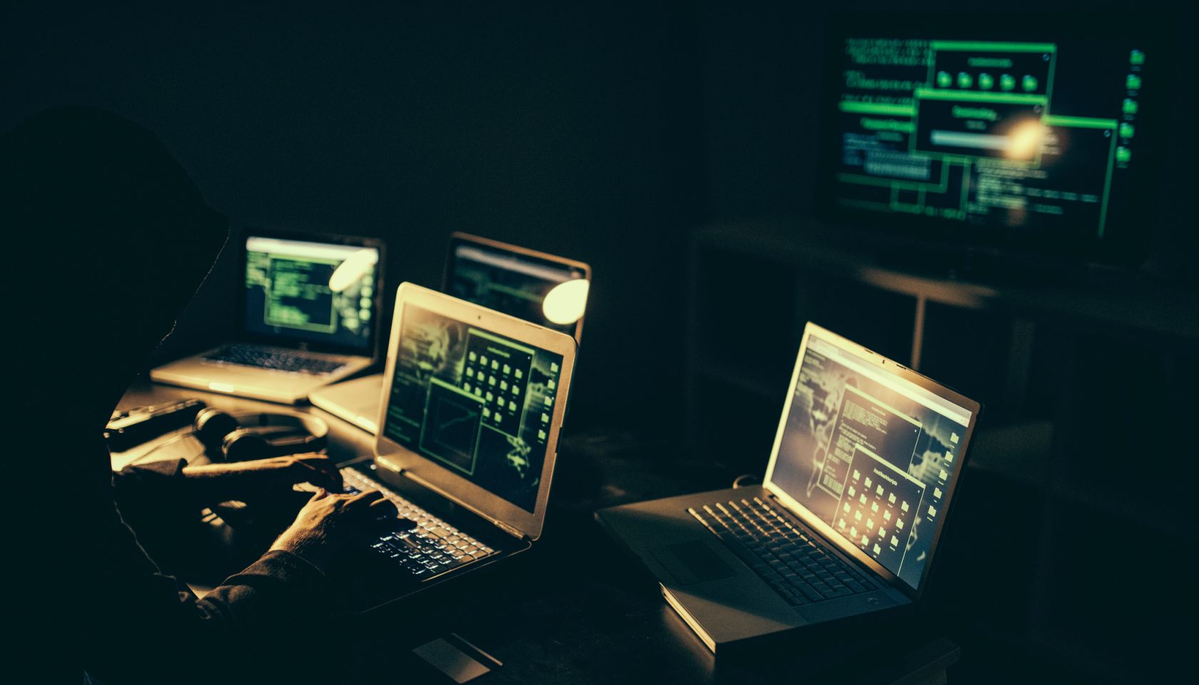 Hacker using laptop at night