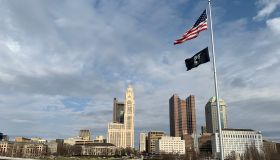 American Flag Over Downtown Columbus Ohio Skyline