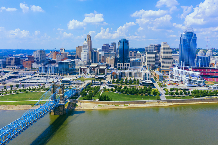 Cincinnati skyline aerial view with Ohio river