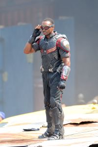 Anthony Mackie strikes a pose as Falcon on the set of Captain America: Civil War in Atlanta, Georgia.