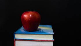 Red apple on books.