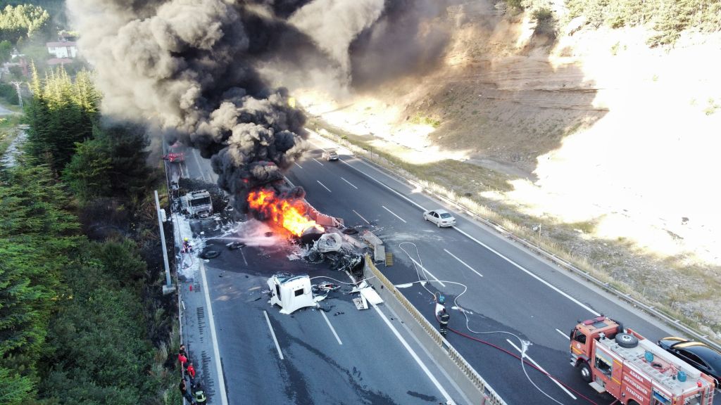 Fire break out after fuel tanker and truck collide in Adana