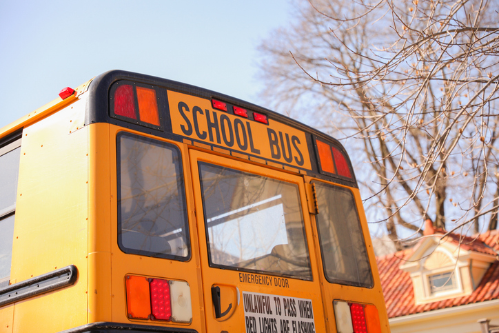 yellow school bus parked on a quiet suburban street. The bus is bright yellow with tinted windows and a stop sign on the side. photo conveys a sense of safety and nostalgia.