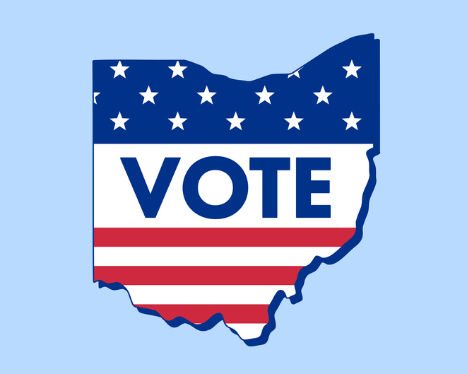 Ohio state map filled with U.S. flag stars and stripes, bold "Vote" text overlay. Patriotic election concept symbolizing democracy, civic duty, and American pride.