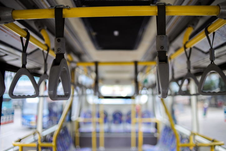 Close-Up Of The Handles For A Standing Passenger Inside The Bus. Public Transport. City Bus