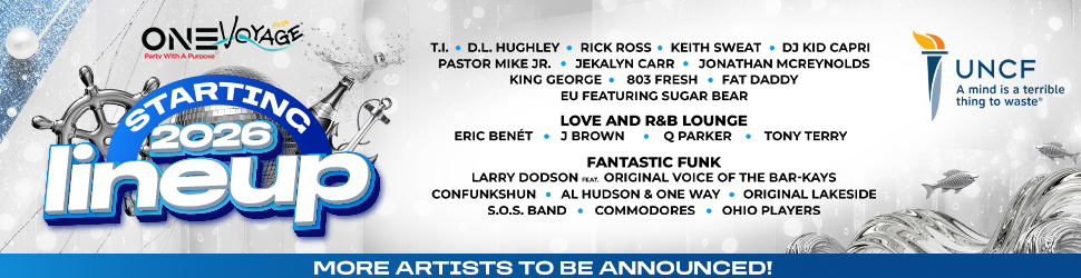 One Voyage music festival poster featuring lineup of artists performing in 2026 including T.I., D.L. Hughley, Rick Ross, and UNCF logo.