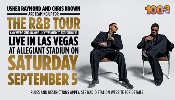Usher Raymond and Chris Brown seated together, promoting their R&B tour and a chance to win a trip to see them live in Las Vegas on September 5.