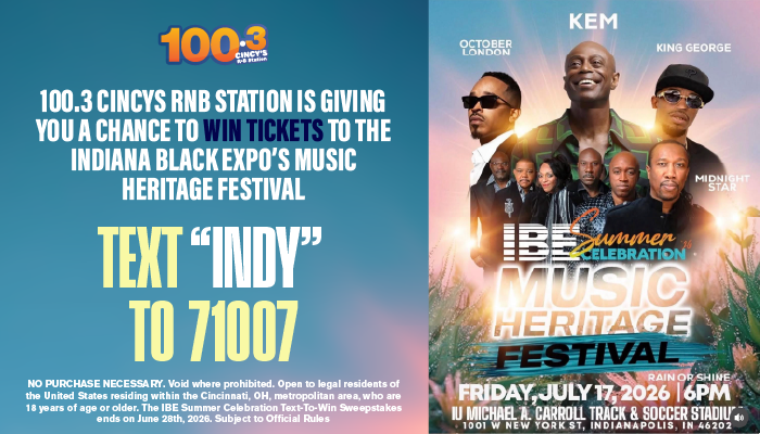 Poster advertising the Indiana Black Expo's Music Heritage Festival, featuring performers Kem, King George, and Midnight Star. Text includes "100.3 CINCYS RNB STATION IS GIVING YOU A CHANCE TO WIN TICKETS" and "TEXT 'INDY' TO 71007".