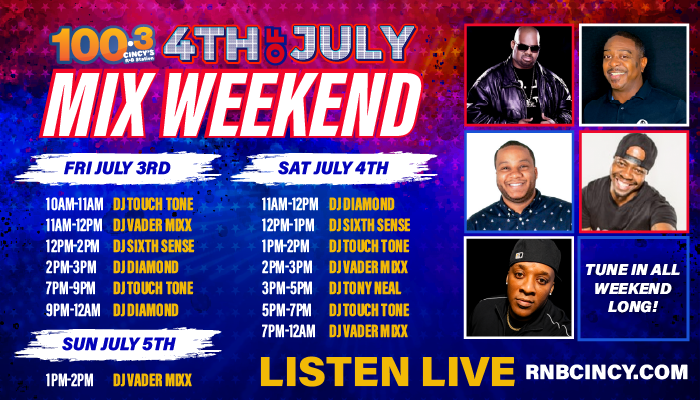 4th of July mix weekend event poster with DJ lineup and station branding for 100.3 WNBCNCY.