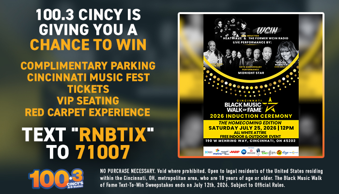 Poster advertising a Black Music Walk of Fame induction ceremony at Cincinnati Music Fest, with details on how to enter a contest to win tickets and VIP experiences.