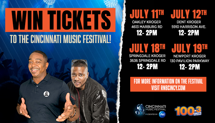Win tickets to the Cincinnati Music Festival. Promotional image featuring two men in casual clothing against a blue background with event details.