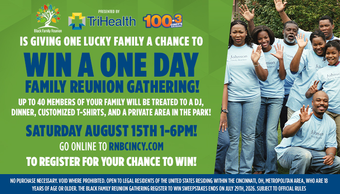 A group of people, likely a family, posing and celebrating together outdoors. The image is promoting a one-day family reunion gathering event on August 15th, presented by TriHealth 100.3.