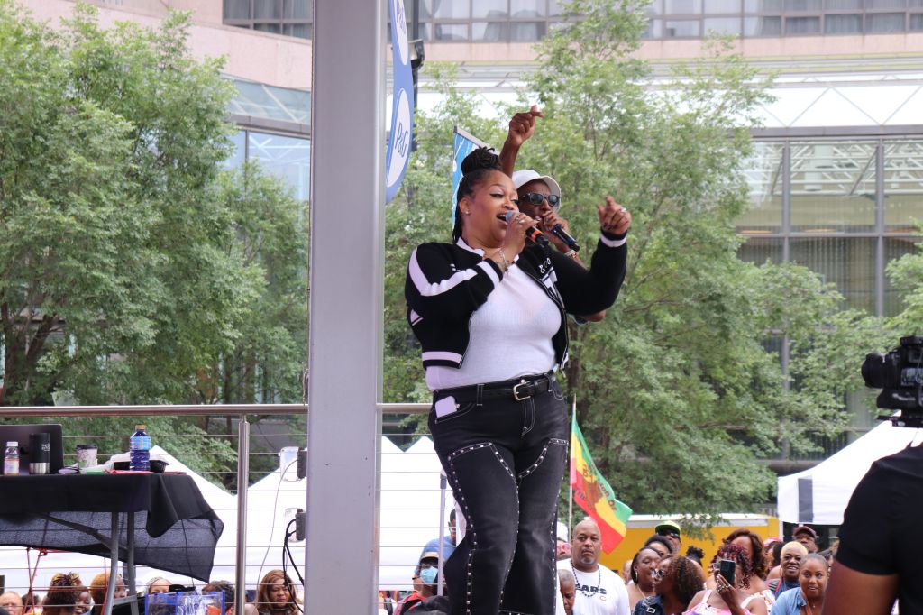 A woman performing on stage, holding a microphone and raising her fist in the air, with a crowd of people in the background.