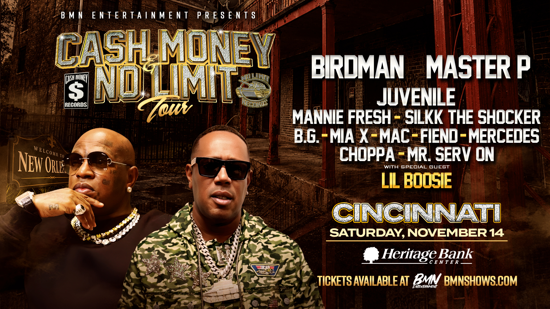Cash Money No Limit Tour poster featuring Birdman, Master P, Juvenile, Mannie Fresh, Silkk the Shocker, B.G., Mia X, Mac, Fiend, Mercedes, Choppa, and Mr. Serv On, with special guest Lil Boosie, at Cincinnati's Heritage Bank Center on November 14.