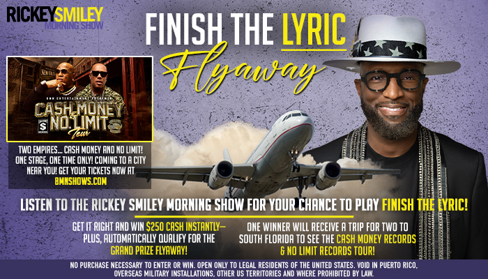 Rickey Smiley, a Black man with a beard wearing sunglasses and a cowboy hat, stands in front of a private jet with the text "FINISH THE LYRIC FLYAWAY" and "CASH MONEY NO LIMIT" visible.